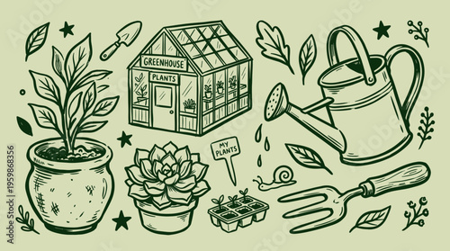 Hand drawn illustration of gardening tools and plants in a greenhouse, symbolizing hobby and nature cultivation