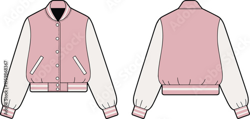 Women varsity bomber jacket technical fashion flat front and back casual college style outerwear cad drawing flat vector illustration