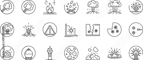 Set of twenty line art icons depicting various explosion bomb blast fire danger and impact concepts for safety materials