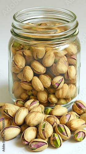 Fresh roasted pistachio nuts spilling out of glass mason jar on white surface, healthy snack rich in proteins and minerals, selective focus on scattered nuts in foreground.