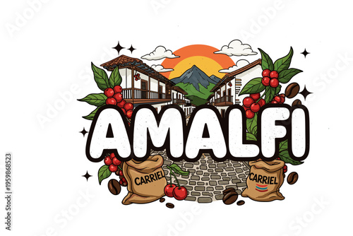 Amalfi coastline with coffee and architecture in vintage style design