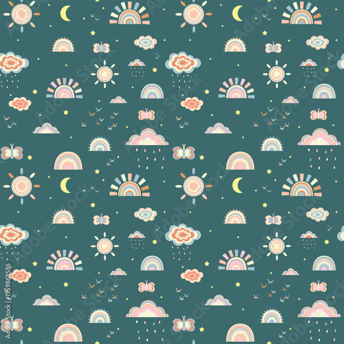 Seamless pattern with cute boho rainbows, suns, moons, clouds and butterflies on dark green background for nursery wallpaper.