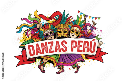 Colorful peruvian dances celebration with traditional masks and costumes