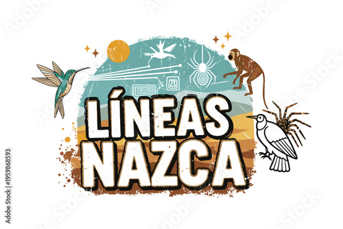 Nazca lines inspired graphic with hummingbird and monkey illustrations