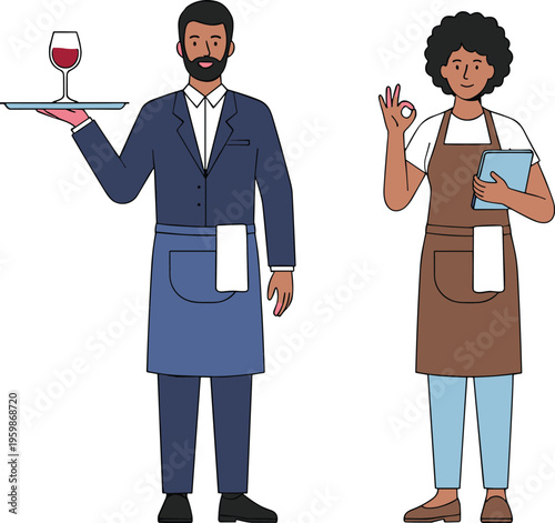 Professional restaurant waitstaff character set featuring a male server in a navy blazer with a wine tray and a female server in a brown apron with a digital tablet.