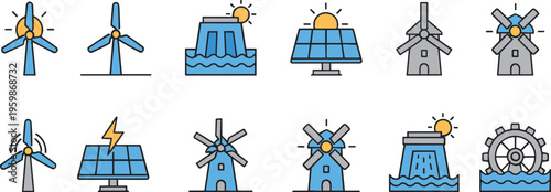 Renewable energy icon set featuring wind turbines solar panels hydroelectric dams and traditional windmills in a modern flat vector style.