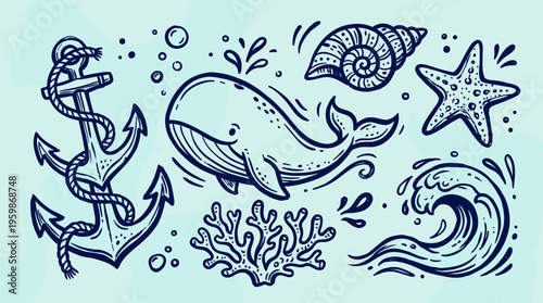 Whimsical hand drawn nautical elements featuring a whale, anchor, seashell, starfish, coral, and ocean waves on a light blue background