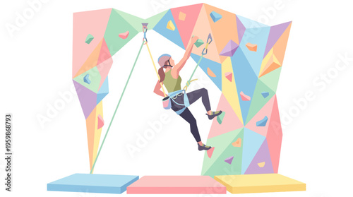 Woman climbing indoor rock wall with safety harness.