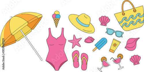 Summer beach vacation accessory set featuring swimsuit umbrella sun hat sunglasses cocktails and shells in flat vector style.