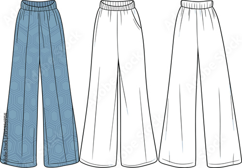 Women wide leg pants template, high waist casual trousers fashion drawing set – cad drawing flat vector illustration