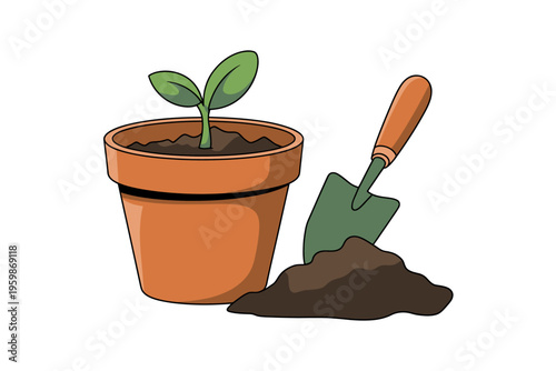 Cartoon potted plant with green leaves and trowel on soil