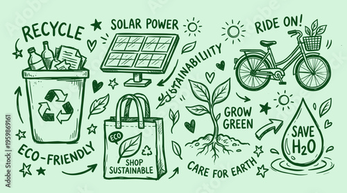 Eco friendly concept illustration with solar panel recycling bin shopping bag bicycle and plant growth for sustainable living and environmental protection