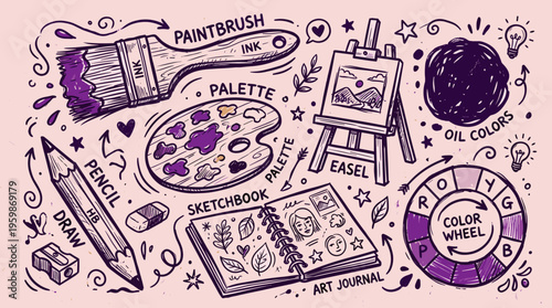 Artistic drawing of creative tools and supplies for drawing painting and sketching including easel palette paintbrush pencil sketchbook and color wheel