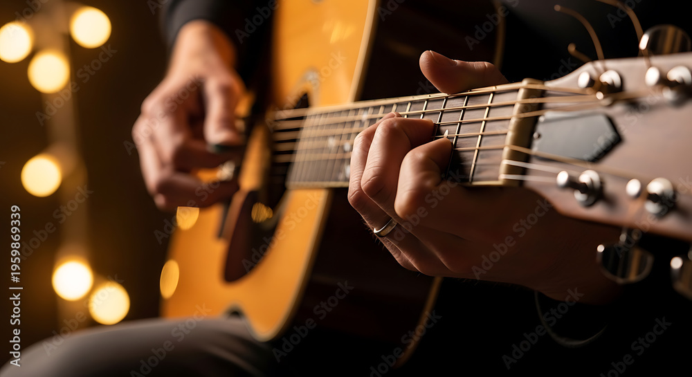 Obraz premium Close up of hands playing an acoustic guitar with blurred lights on transparent background