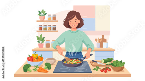 Woman cooking healthy food in a modern kitchen.