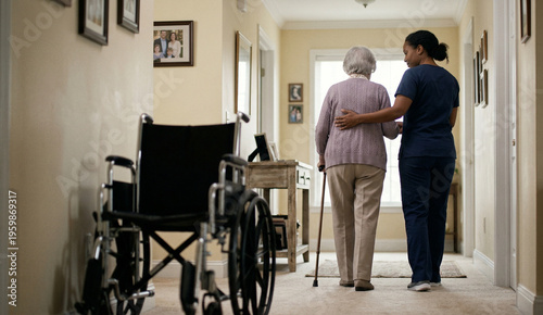 Rear view of a female caregiver assisting an elderly woman with a cane walking down a hallway,