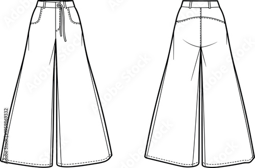 Women wide leg trousers technical fashion drawing, high waist pants template front and back – cad drawing flat vector illustration