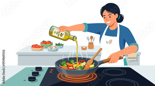 Woman cooking healthy food in a pan.