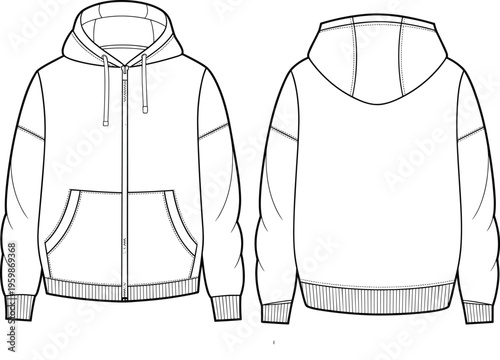 Women zip up hoodie technical fashion sketch front and back view vector outline clothing design template