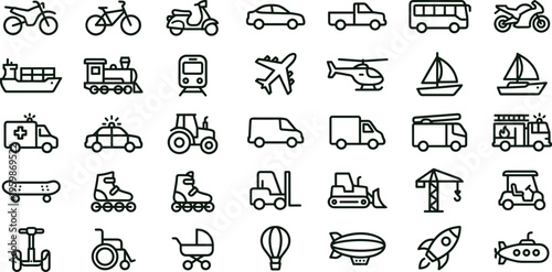 Vehicle assignment transport fleet outline icon set featuring multi-vehicle mobility logistics dispatch symbols for fleet management and routing applications