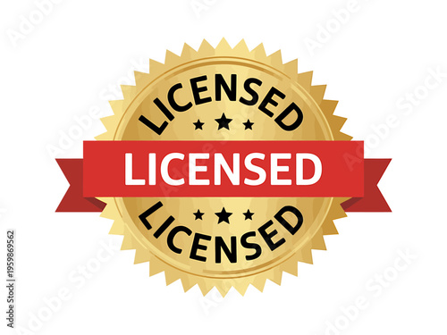 Gold licensed stamp seal with red banner and white text on transparent background
