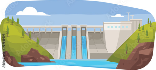 Hydroelectric dam illustration, water reservoir and power plant, renewable energy concept, river landscape, sustainable electricity generation, infrastructure engineering vector design