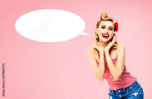 Expressive surprised happy pin up woman. Astonished pinup girl with wide open mouth, eyes, raises hands. Retro vintage concept. Isolated pink background. White mockup empty speech bubble, speechbubble