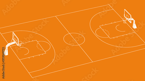 Basketball court with hoops and markings on orange surface for sports and games