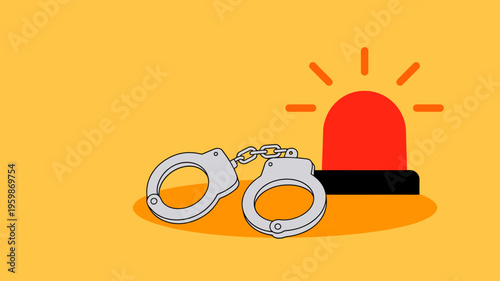 Police handcuffs and red flashing light on orange background