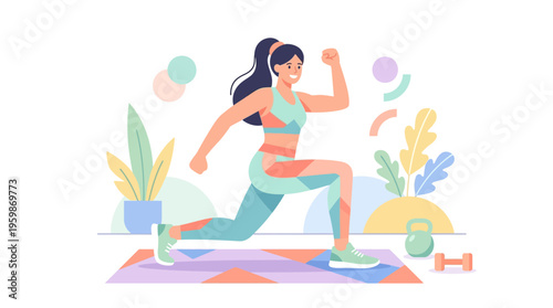 Woman performing lunges with headphones on mat.