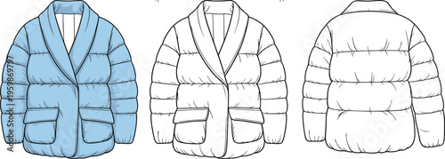 Women puffer jacket template, winter padded coat fashion technical drawing front and back – cad drawing flat vector illustration