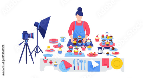 Woman decorating cupcakes for a cooking show.