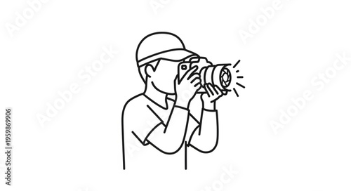 Person with Camera Taking a Photograph, Line Art Illustration.