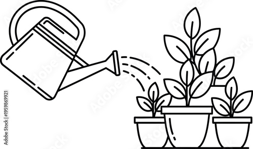 Simple black and white line art illustration depicting a watering can gently pouring water onto small potted plants symbolizing growth and care.