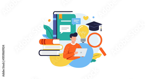 E-Learning and Online Study Concept. Student Researching, Reading Books, and Finding Ideas for Academic Success and Knowledge Acquisition.