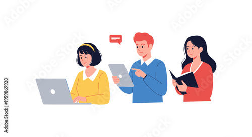 Blended Learning and Digital Communication Illustration: Students or Professionals Using Laptop, Tablet, and Book for Online Education and Knowledge.