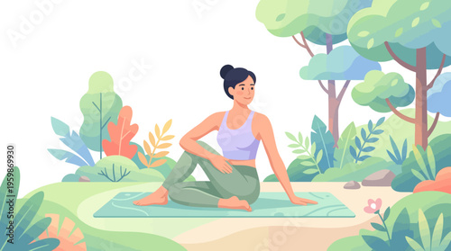 Woman practicing yoga outdoors in a serene natural setting.