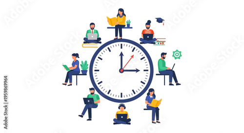 Time Management and Education Schedule. Students and remote workers using laptops around a clock. Flat vector illustration.