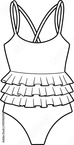 Women Ruffle One Piece Swimsuit Technical Fashion Flat Sketch, Strappy Swimwear Apparel CAD Garment Line Drawing Template