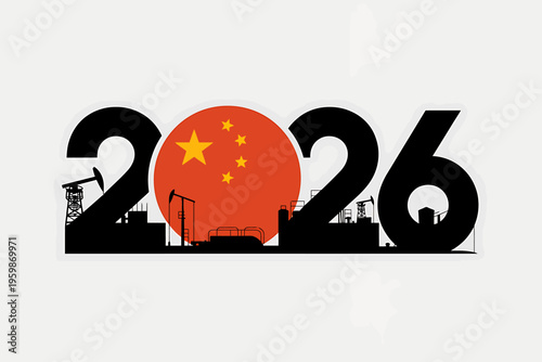 China industrial year 2026 silhouette graphic with oil rigs and factories