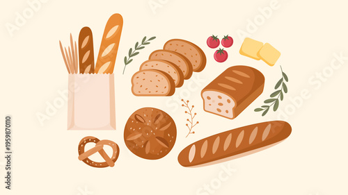 Variety of freshly baked bread and pastries on a light beige background