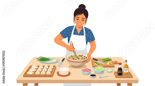 Woman preparing food in kitchen with ingredients laid out.