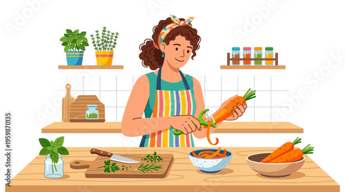 Woman preparing fresh carrots in a kitchen setting.