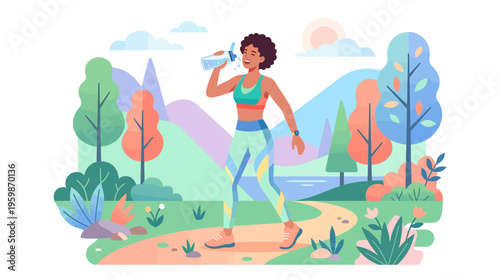 Woman drinking water during outdoor exercise.