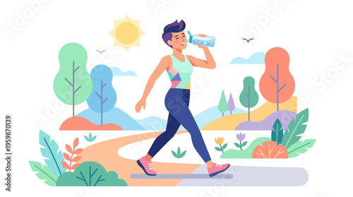 Woman drinking water during outdoor walk exercise.
