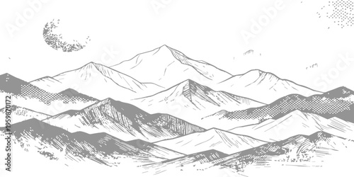 A high panorama view of a snowy mountain range featuring a cold winter landscape with white peaks, jagged rocks, and a glacier under a cloudy blue sky in the Alps