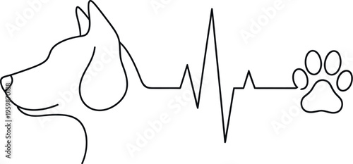 A continuous line art illustration showing a dog's head, a heart rhythm, and a paw print, symbolizing a deep connection and love for pets.