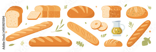 Various types of bread and herbs with olive oil on white background