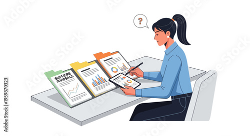 Woman analyzing financial reports and charts on tablet.