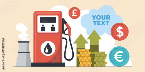 Fuel pump with rising arrows and coins on beige background